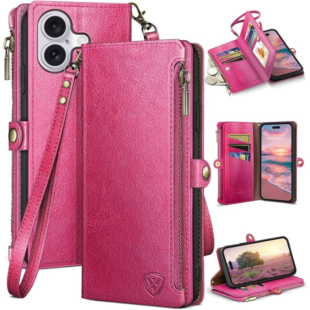XcaseBar iPhone 16 Plus Wallet Case Zipper Card Holder RFID Rose Red Flip Folio